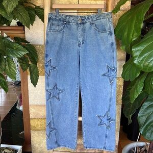 Romwe Women’s High Waisted Straight Leg Star Embellished Light Blue Denim Jeans